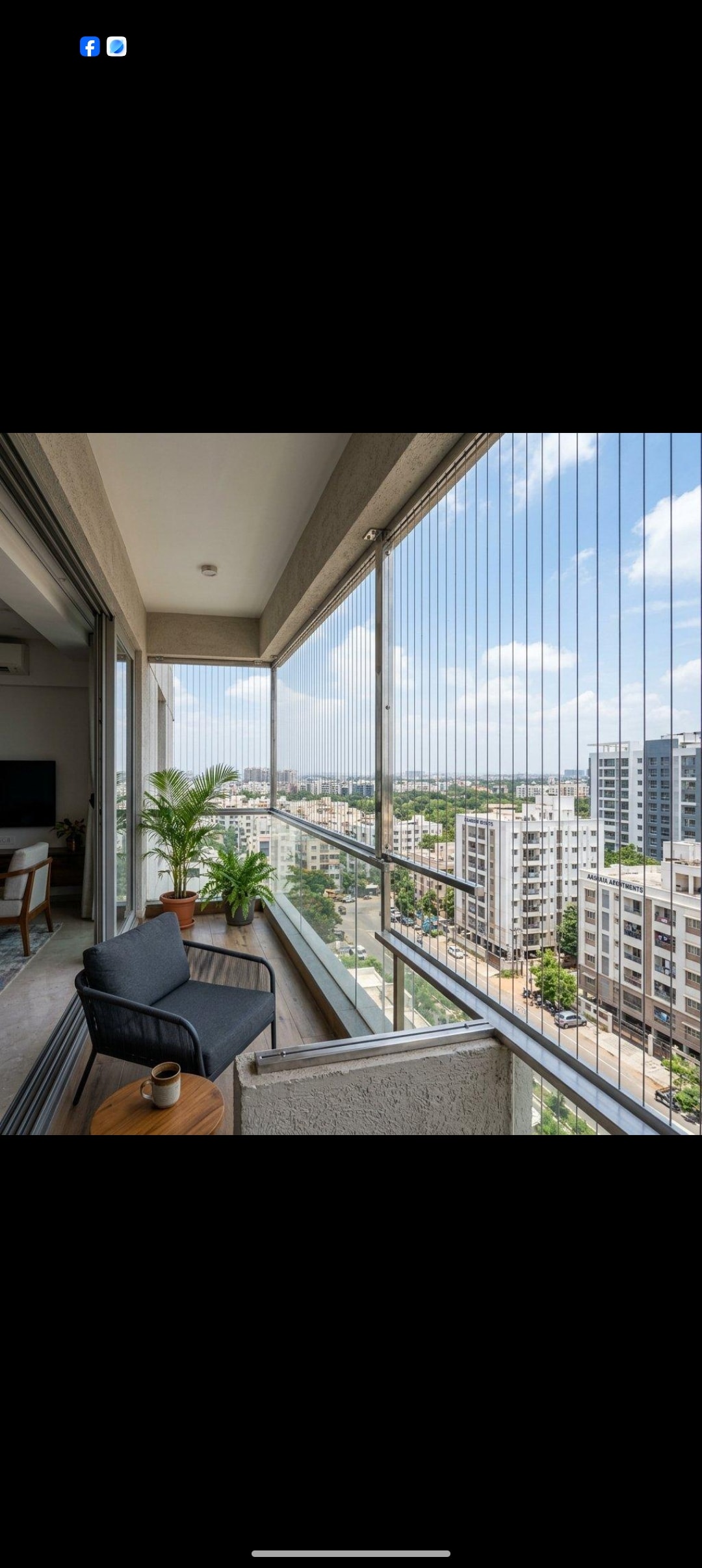 High-rise balcony invisible grill with open city skyline view