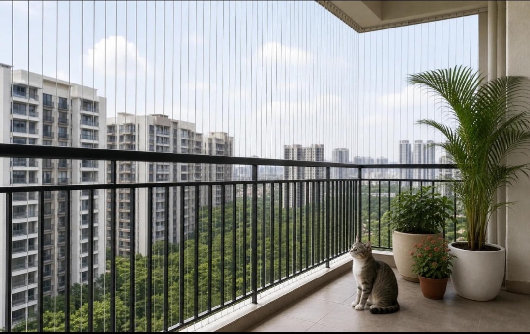 Balcony with cat and invisible grill safety installation